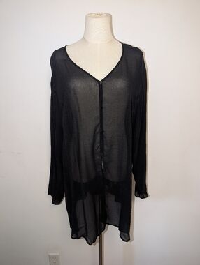 Sheer Black Button-Front Longline Cardigan With Shimmer